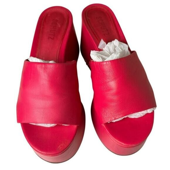 Schutz Hot Pink Leather Platform Wedge Sandals Sz 7.5 Barbie Y2K Chunky Festival - Picture 14 of 16